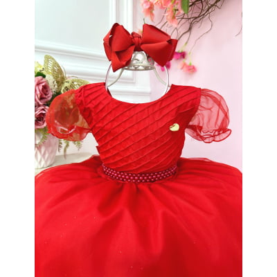 Vestido Infantil Vermelho Busto Plissado Cinto Pérolas Festas