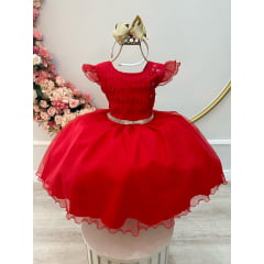 Vestido Infantil Vermelho Busto Plissado Saia Organza Festas