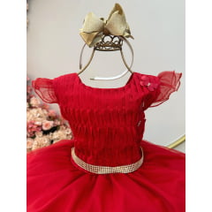 Vestido Infantil Vermelho Busto Plissado Saia Organza Festas