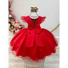 Vestido Infantil Vermelho Busto Plissado Saia Organza Festas