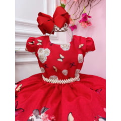 Vestido Infantil Vermelho Jardim das Borboletas C/ Pérolas