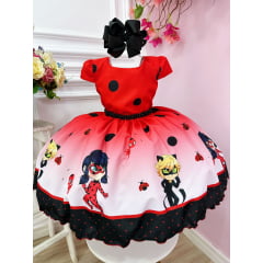 Vestido Infantil Vermelho Ladybug e o Gato Noir Luxo