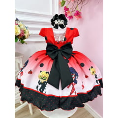 Vestido Infantil Vermelho Ladybug e o Gato Noir Luxo