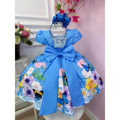 Vestido Infantil Azul Bolinhas Jardim das Borboletas Pérolas