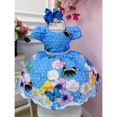 Vestido Infantil Azul Bolinhas Jardim das Borboletas Pérolas