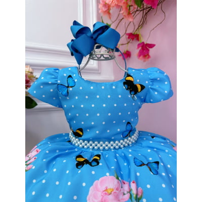 Vestido Infantil Azul Bolinhas Jardim das Borboletas Pérolas