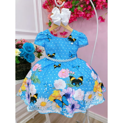Vestido Infantil Azul Bolinhas Jardim das Borboletas Pérolas