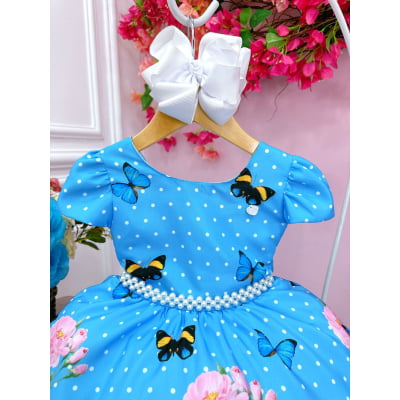 Vestido Infantil Azul Bolinhas Jardim das Borboletas Pérolas