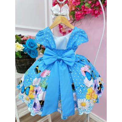 Vestido Infantil Azul Bolinhas Jardim das Borboletas Pérolas
