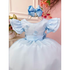 Vestido Infantil Azul Claro C/ Apliques Borboletas e Flores