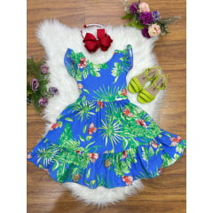 Vestido Infantil Casual Primavera Azul Florido Colorido