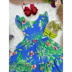 Vestido Infantil Casual Primavera Azul Florido Colorido