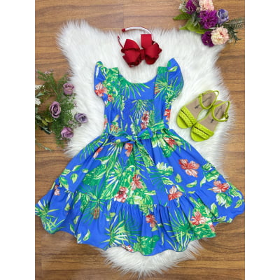 Vestido Infantil Casual Primavera Azul Florido Colorido