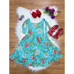 Vestido Infantil Casual Primavera Azul Florido Colorido Luxo