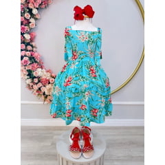 Vestido Infantil Casual Primavera Azul Florido Colorido Luxo