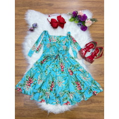 Vestido Infantil Casual Primavera Azul Florido Colorido Luxo