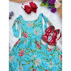 Vestido Infantil Casual Primavera Azul Florido Colorido Luxo