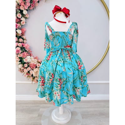 Vestido Infantil Casual Primavera Azul Florido Colorido Luxo