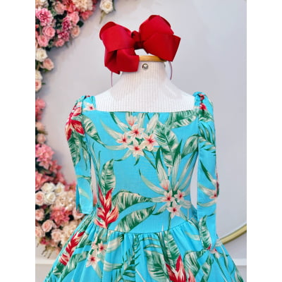Vestido Infantil Casual Primavera Azul Florido Colorido Luxo