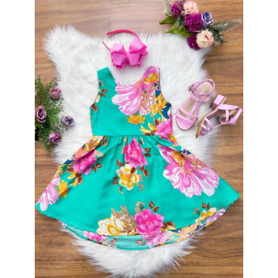 Vestido Infantil Casual Viscose, Primavera Verão Verde Florido