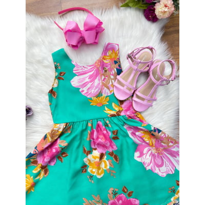 Vestido Infantil Casual Viscose, Primavera Verão Verde Florido