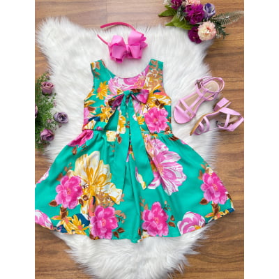 Vestido Infantil Casual Viscose, Primavera Verão Verde Florido