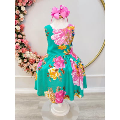 Vestido Infantil Casual Viscose, Primavera Verão Verde Florido
