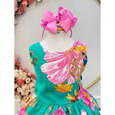 Vestido Infantil Casual Viscose, Primavera Verão Verde Florido