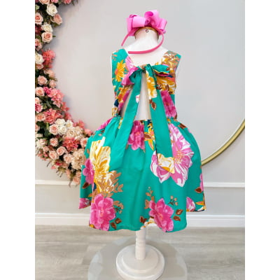 Vestido Infantil Casual Viscose, Primavera Verão Verde Florido