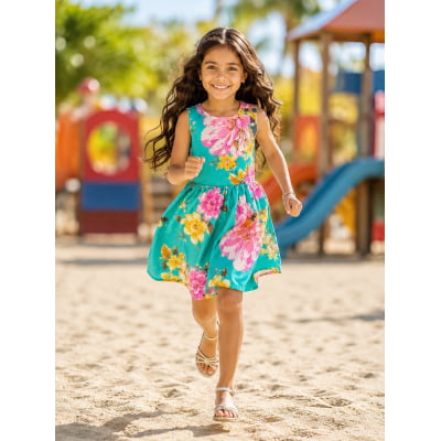 Vestido Infantil Casual Viscose, Primavera Verão Verde Florido