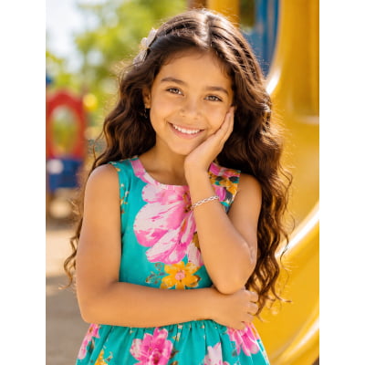 Vestido Infantil Casual Viscose, Primavera Verão Verde Florido