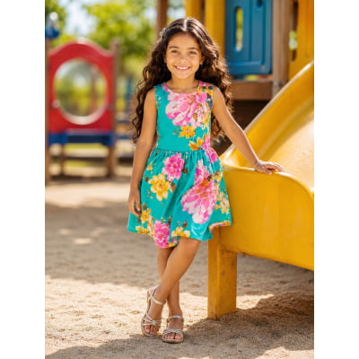 Vestido Infantil Casual Viscose, Primavera Verão Verde Florido