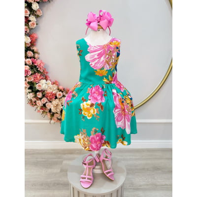 Vestido Infantil Casual Viscose, Primavera Verão Verde Florido
