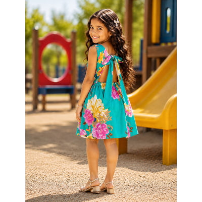 Vestido Infantil Casual Viscose, Primavera Verão Verde Florido