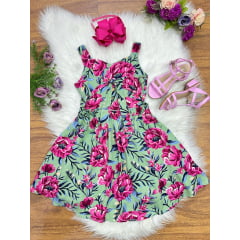 Vestido Infantil Casual Primavera Verão Verde Florido Colorido