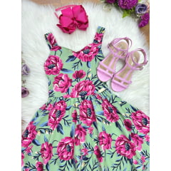 Vestido Infantil Casual Primavera Verão Verde Florido Colorido
