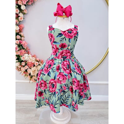 Vestido Infantil Casual Primavera Verão Verde Florido Colorido