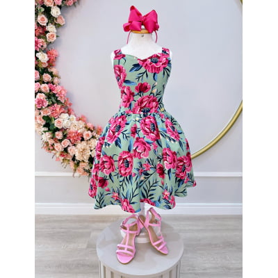 Vestido Infantil Casual Primavera Verão Verde Florido Colorido