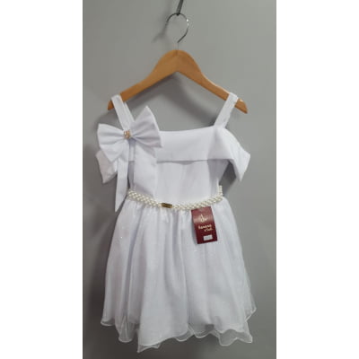 Vestido Infantil de Alça Branco Saia C/ Glitter e Broche Festas Vestido Infantil de Alça Branco Saia C/ Glitter e Broche Festas