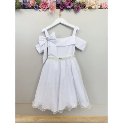 Vestido Infantil de Alça Branco Saia C/ Glitter e Broche Festas