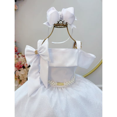 Vestido Infantil de Alça Branco Saia C/ Glitter e Broche Festas