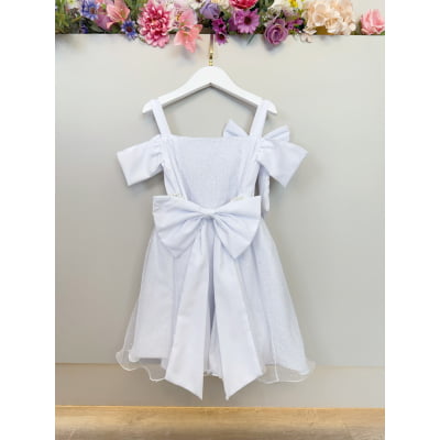 Vestido Infantil de Alça Branco Saia C/ Glitter e Broche Festas