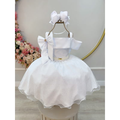Vestido Infantil de Alça Branco Saia C/ Glitter e Broche Festas