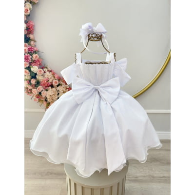 Vestido Infantil de Alça Branco Saia C/ Glitter e Broche Festas