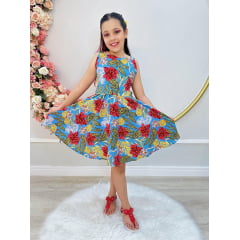 Vestido Infantil de Alça Primavera Verão Azul Colorido