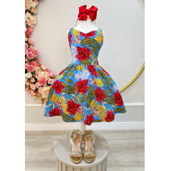 Vestido Infantil de Alça Primavera Verão Azul Colorido