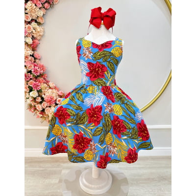 Vestido Infantil de Alça Primavera Verão Azul Colorido Casual