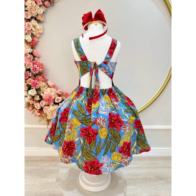 Vestido Infantil de Alça Primavera Verão Azul Colorido Casual