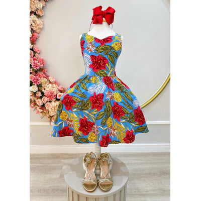 Vestido Infantil de Alça Primavera Verão Azul Colorido Casual