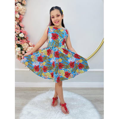 Vestido Infantil de Alça Primavera Verão Azul Colorido Casual